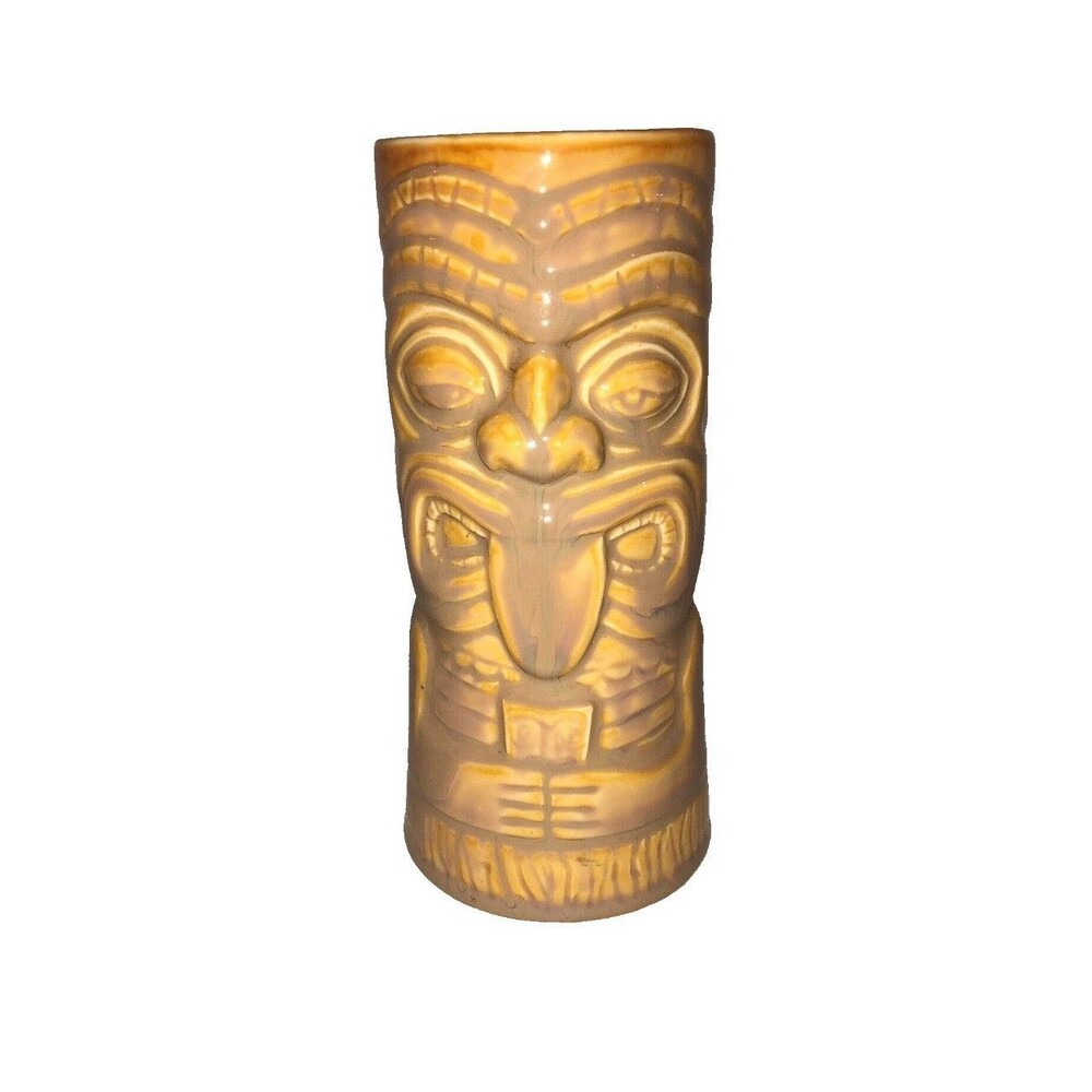 Chiki Tiki Tumbler Mug  Glass 6"  Barware Hawaiian Polynesian Tan Tongue Out